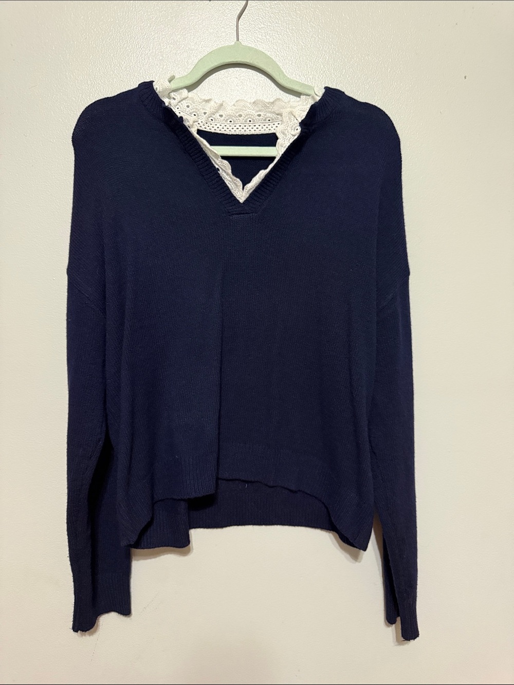 SHEIN Navy V-Neck Sweater with White Lace Trim